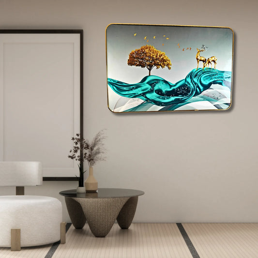 Modern Deer & Tree Abstract Wall Art for Living Room | Luxury Scenic Wall Decor Painting