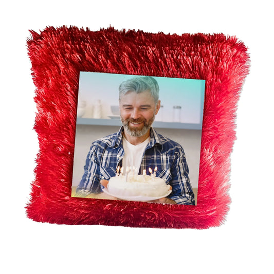 Personalized Happy Birthday Heart Photo Cushion (16x16) - Custom Red Fur Pillow Gift