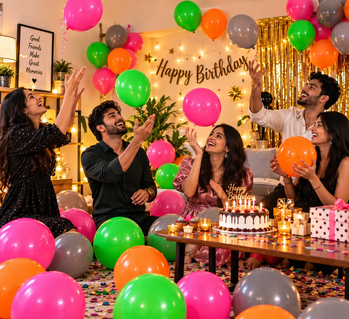 20 Pc Assorted Latex Balloons – 9 Inch Pink, Green, Orange & Grey | Saadhya Decor