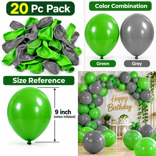 Saadhya Decor 20 Pc Green & Grey Latex Balloons – 9 Inch | Party & Birthday Decoration