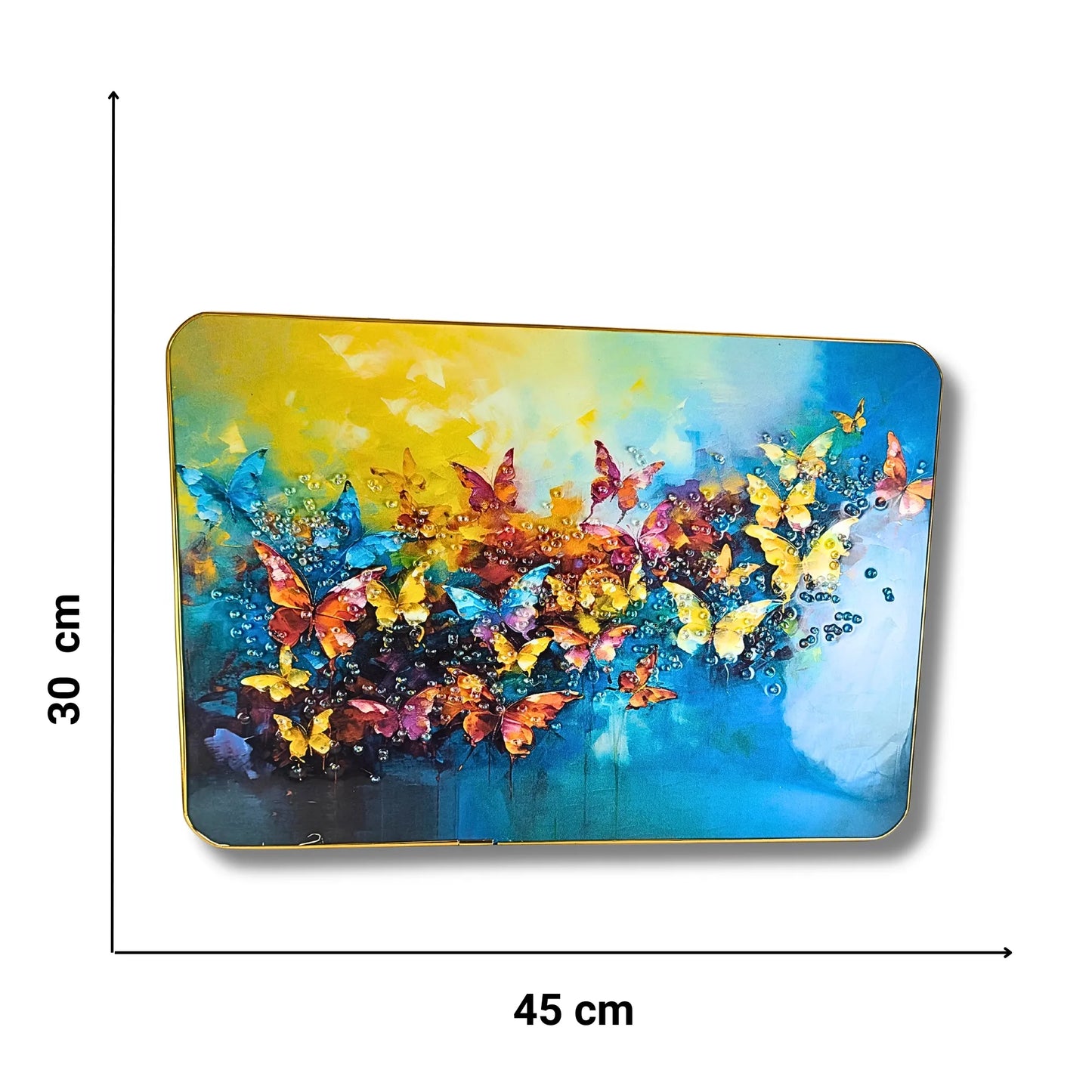 Large Abstract Multi-Color Butterfly Wall Art - Premium 3D Crystal & Glitter Work Scenery with Golden Frame (45x30 cm)