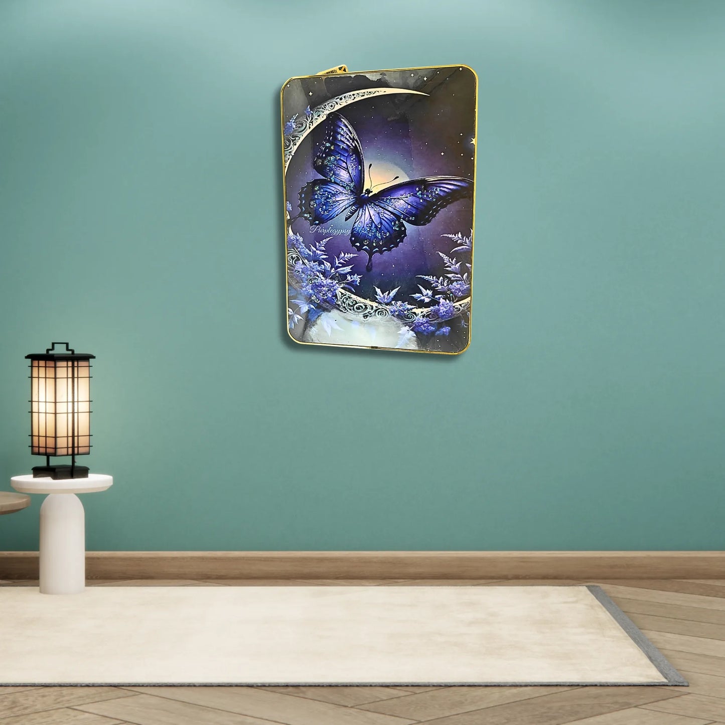Large Magical Purple Butterfly Wall Art - 3D Crystal & Glitter Work Scenery with Golden Frame (45x30 cm, Midnight Blue & Purple)