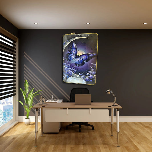 Large Magical Purple Butterfly Wall Art - 3D Crystal & Glitter Work Scenery with Golden Frame (45x30 cm, Midnight Blue & Purple)