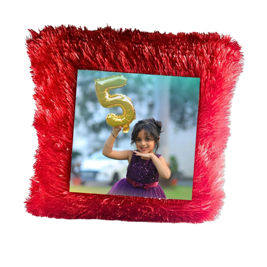 Personalized Kids Photo Cushion (16x16) - Custom Heart & Square Fur Pillow for Children