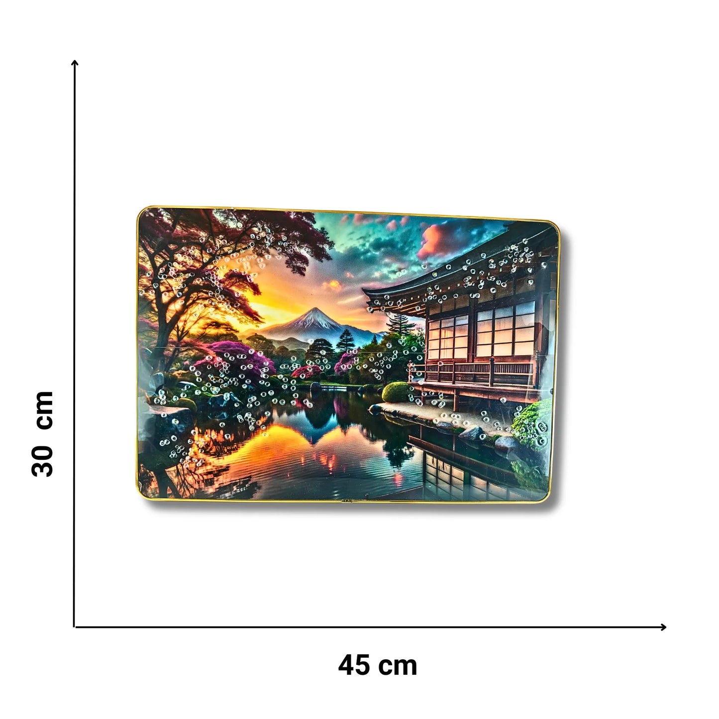 Premium Japanese Zen House Wall Art – 3D Crystal & Glitter Work Scenery with Golden Frame (45x30 cm, Sunset Mountain View)