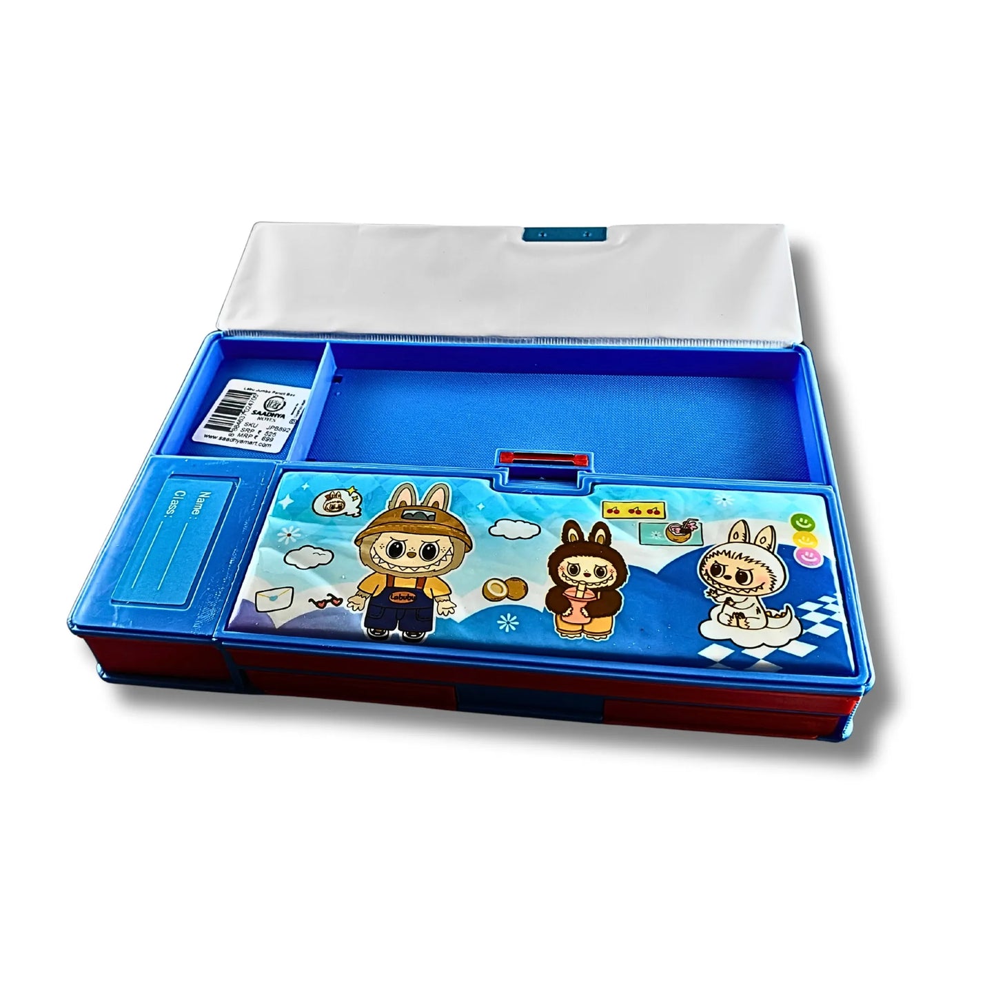 Cute Explorer Blue Jumbo Pencil Box β Multi-Functional Stationery Organizer with Built-in Sharpener