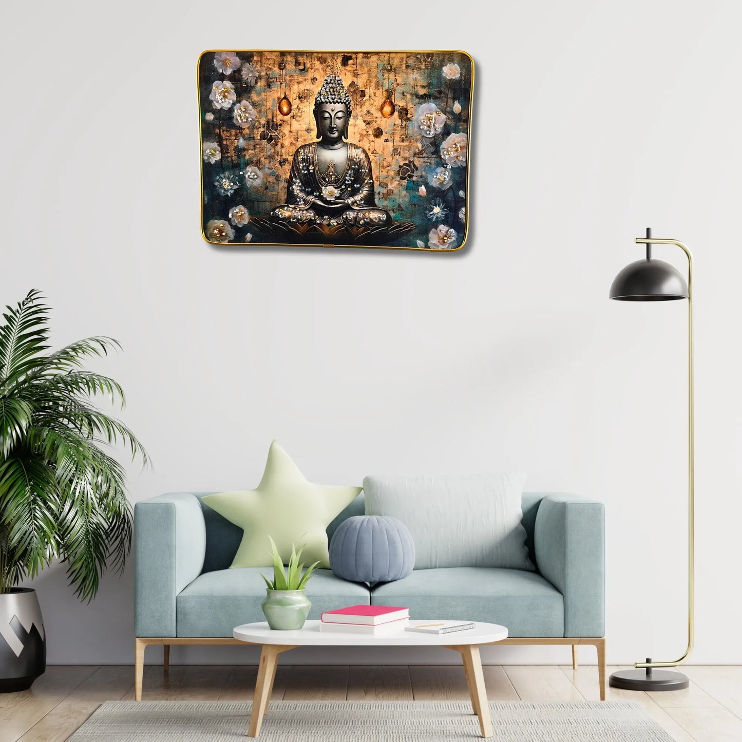 Living room with a Buddha painting on the wall above a light blue sofa.