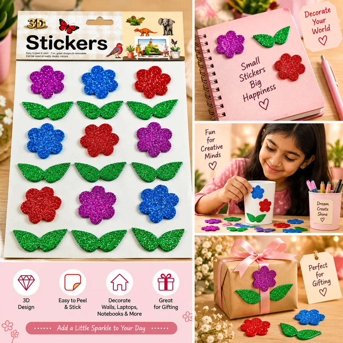 3D Glitter Flower & Leaf Stickers Colourful DIY Craft Stickers