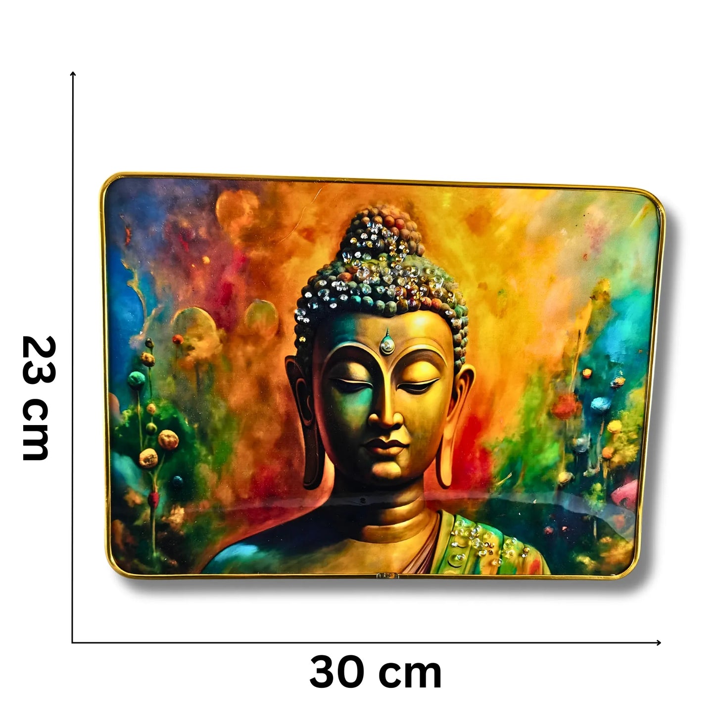 Colorful depiction of Buddha with measurements on a white background
