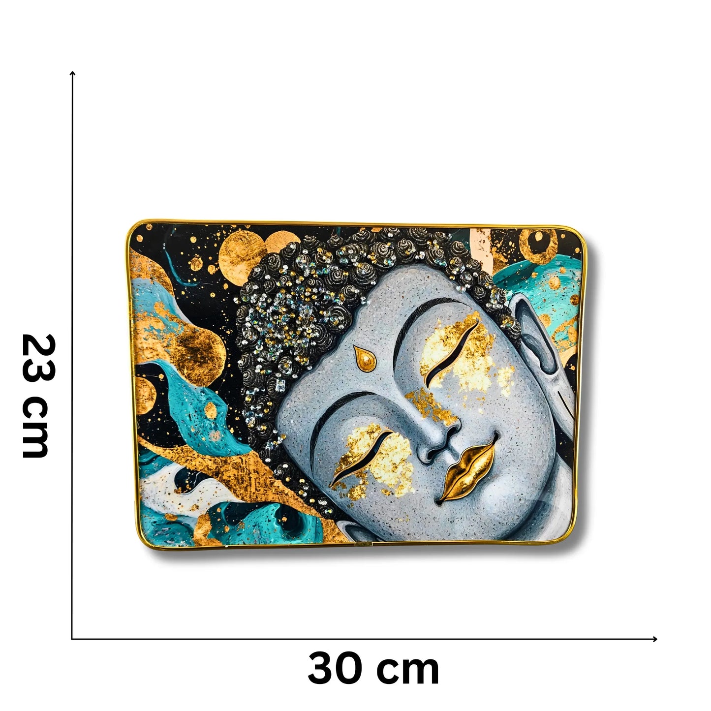 Decorative plate with artistic design and measurements on a white background
