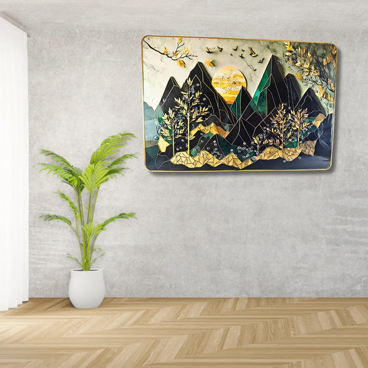 Premium Majestic Mountain Peak 3D Wall Art – Modern Abstract Scenery with Crystal & Golden Glitter Work (45x30 cm)