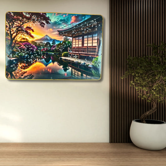 Premium Japanese Zen House Wall Art – 3D Crystal & Glitter Work Scenery with Golden Frame (45x30 cm, Sunset Mountain View)