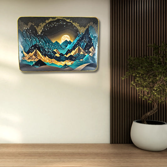 Premium Midnight Mountain Moonscape 3D Wall Art – Modern Abstract Nature Scenery with Crystal & Glitter Work (45x30 cm)
