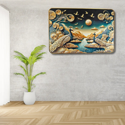 Premium Majestic Golden Peacock 3D Wall Art – Luxury Nature Scenery with Crystal & Glitter Work (45x30 cm)