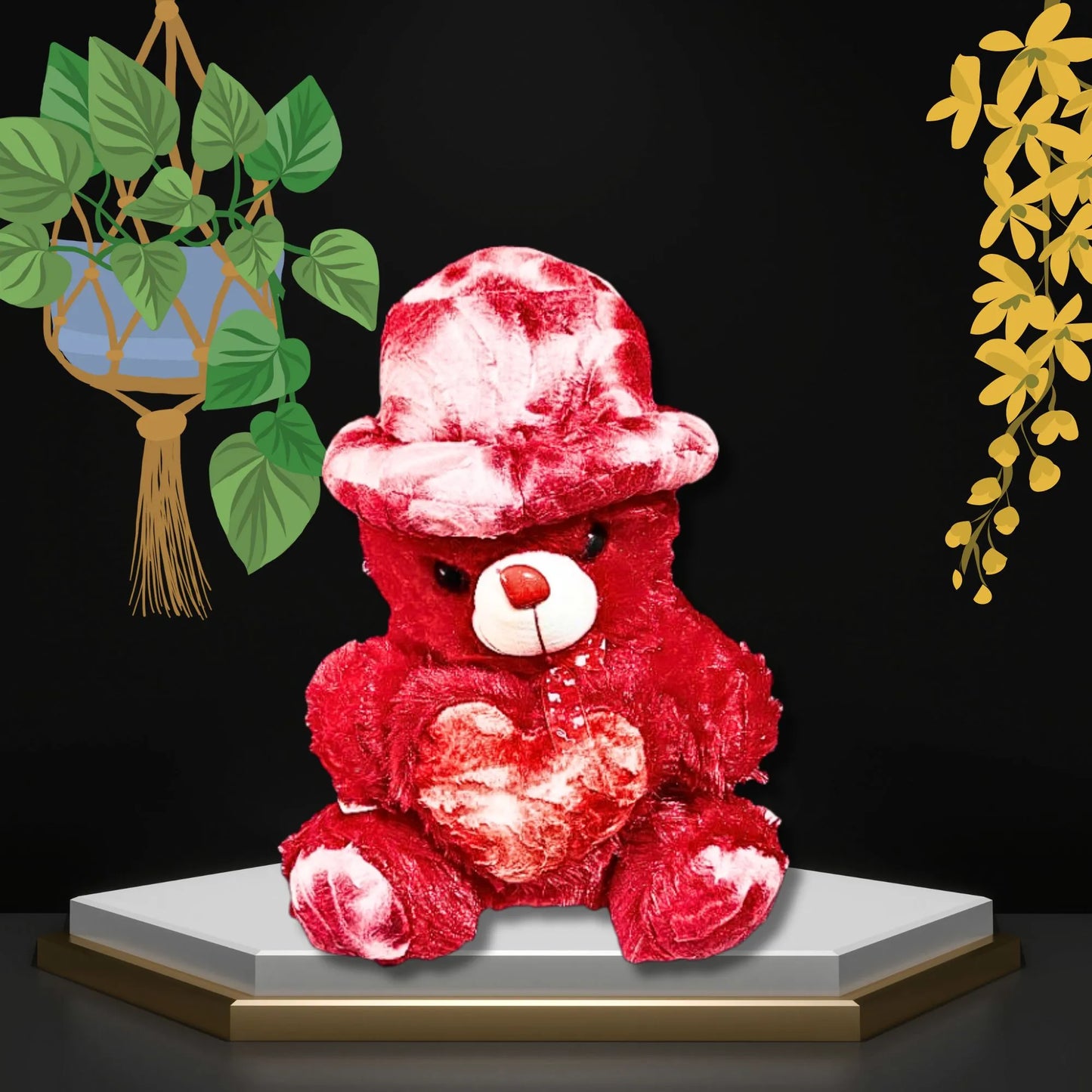 32cm Red Teddy Bear with Velvet Cap & Heart Cushion | Soft Plush Teddy Bear Gift for Kids, Girlfriend, Birthday & Valentine's Day