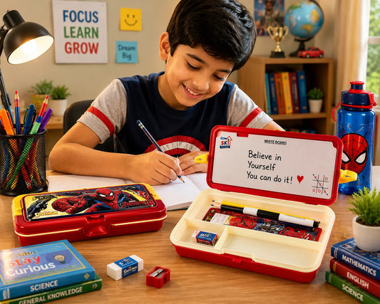 Avengers Superhero Pencil Box with Whiteboard & Organizer Tray | Marvel Multi-Compartment School Pencil Case for Kids | Stationery Storage Box