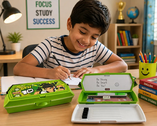 Ben 10 Kids Pencil Box with Whiteboard & Stationery Organizer | Multi-Compartment School Pencil Case for Boys | Green Cartoon Pencil Box