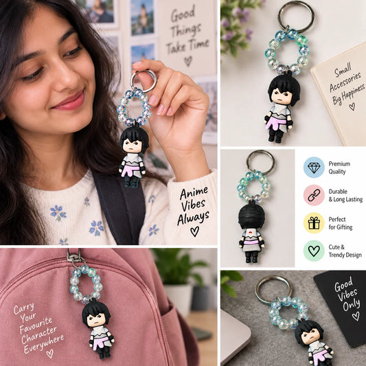 Black-Haired Anime Ninja Character Keychain with Aqua Beads