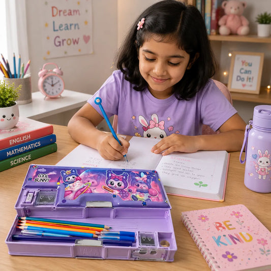 Cool Bunny Pencil Box with Built-in Sharpener | Cute Cartoon Multipurpose Pencil Case for Kids | Premium School Stationery Organizer
