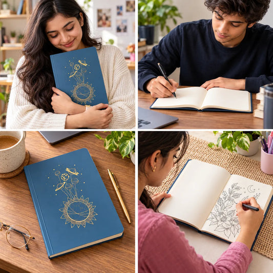 A four-panel collage showing a blue hardcover journal with a gold celestial sun and moon illustration. In the top-left panel, a woman holds the journal.