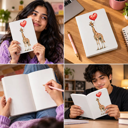 A four-panel collage showing a white hardcover notebook with a giraffe and red heart balloon illustration. In the top-left panel, a woman holds the notebook.