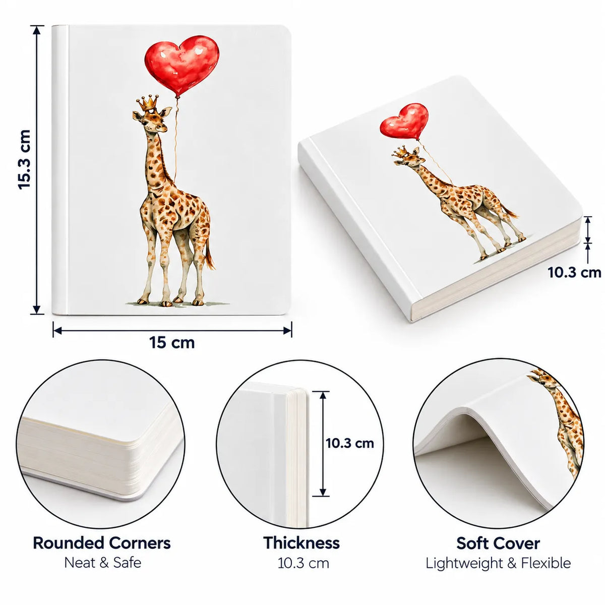 A white hardcover notebook or journal shown from multiple angles with printed artwork of a giraffe holding a red heart-shaped balloon. Black dimension lines indicate 15 cm width and 10.