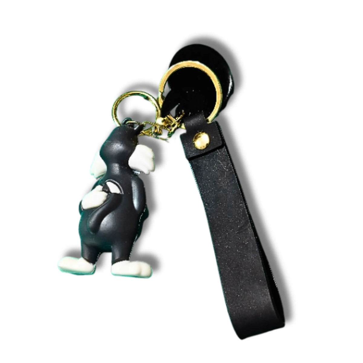 Cute Black & White Cartoon Cat Keychain with Black Strap