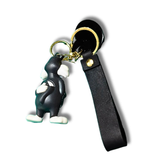 Cute Black & White Cartoon Cat Keychain with Black Strap