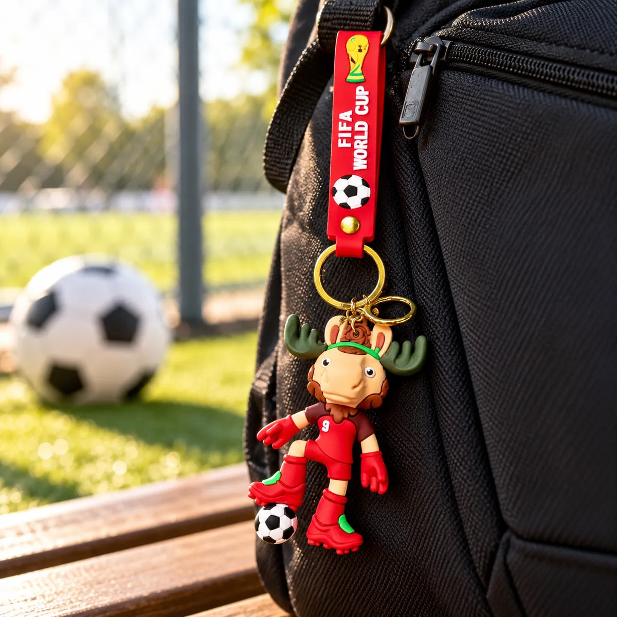 Cute Moose Football Player Keychain with World Cup Style Strap