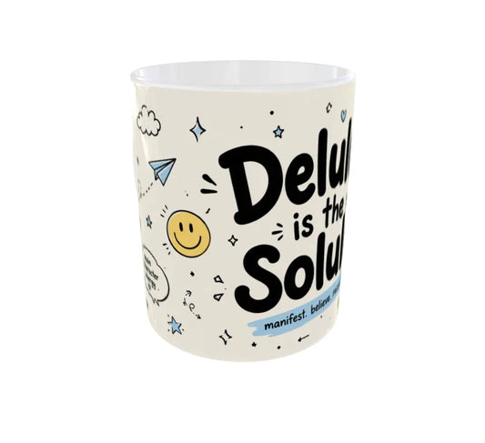 Front view of Delulu Is The Solulu ceramic mug featuring bold typography and cute pastel doodles.