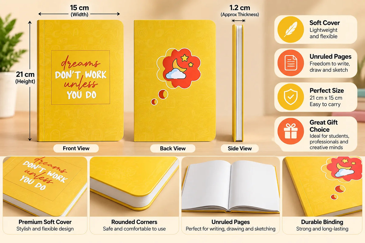 Dreams Don’t Work Motivational Yellow Unruled Diary – 21 × 15 cm