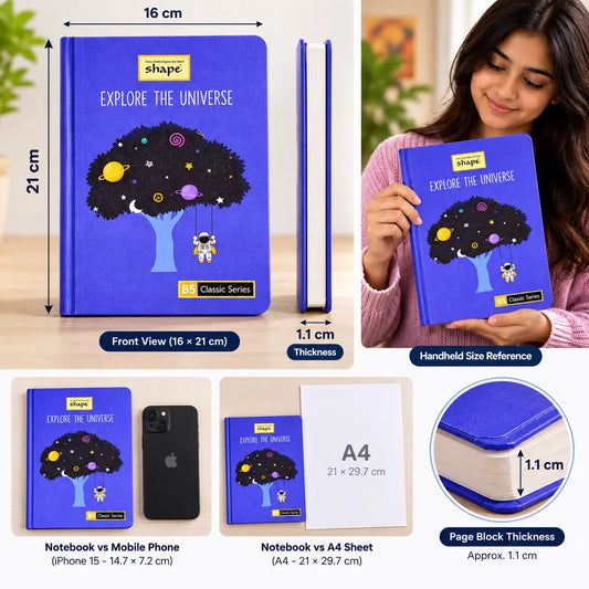 A blue hardcover notebook with a tree and astronaut illustration, shown in multiple views with dimensions, alongside a woman holding a smaller handheld version for scale. The image includes labeled callouts for front view, thickness, A4 comparison, and page block thickness.