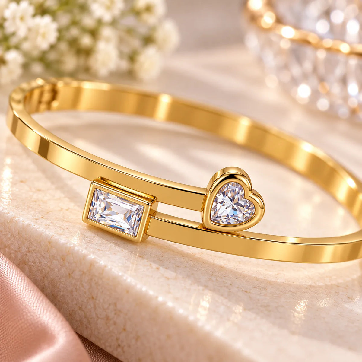 Saadhya Artis Gold-Tone Heart & Square Crystal Open Cuff Bracelet for Women