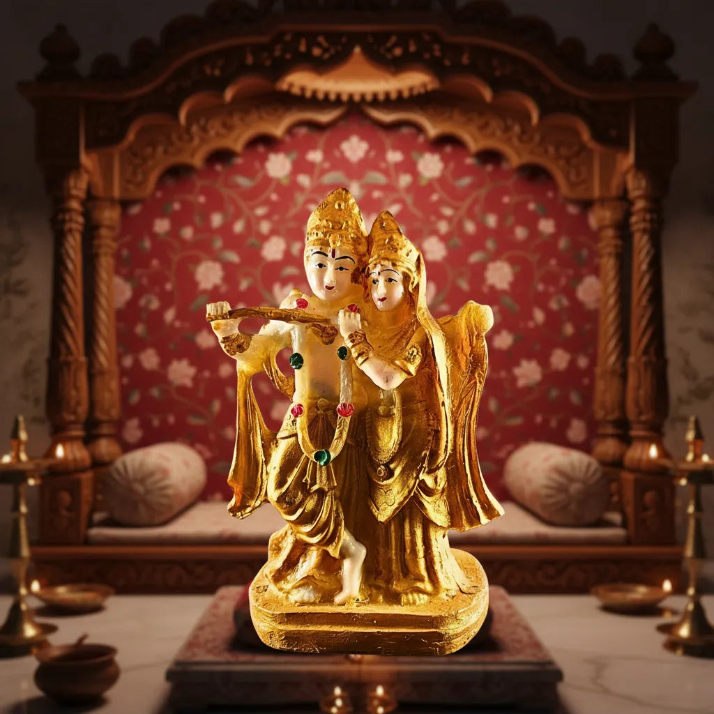 Golden Radha Krishan Vihar Idol – Polyresin Decorative Murti | Saadhya Decors