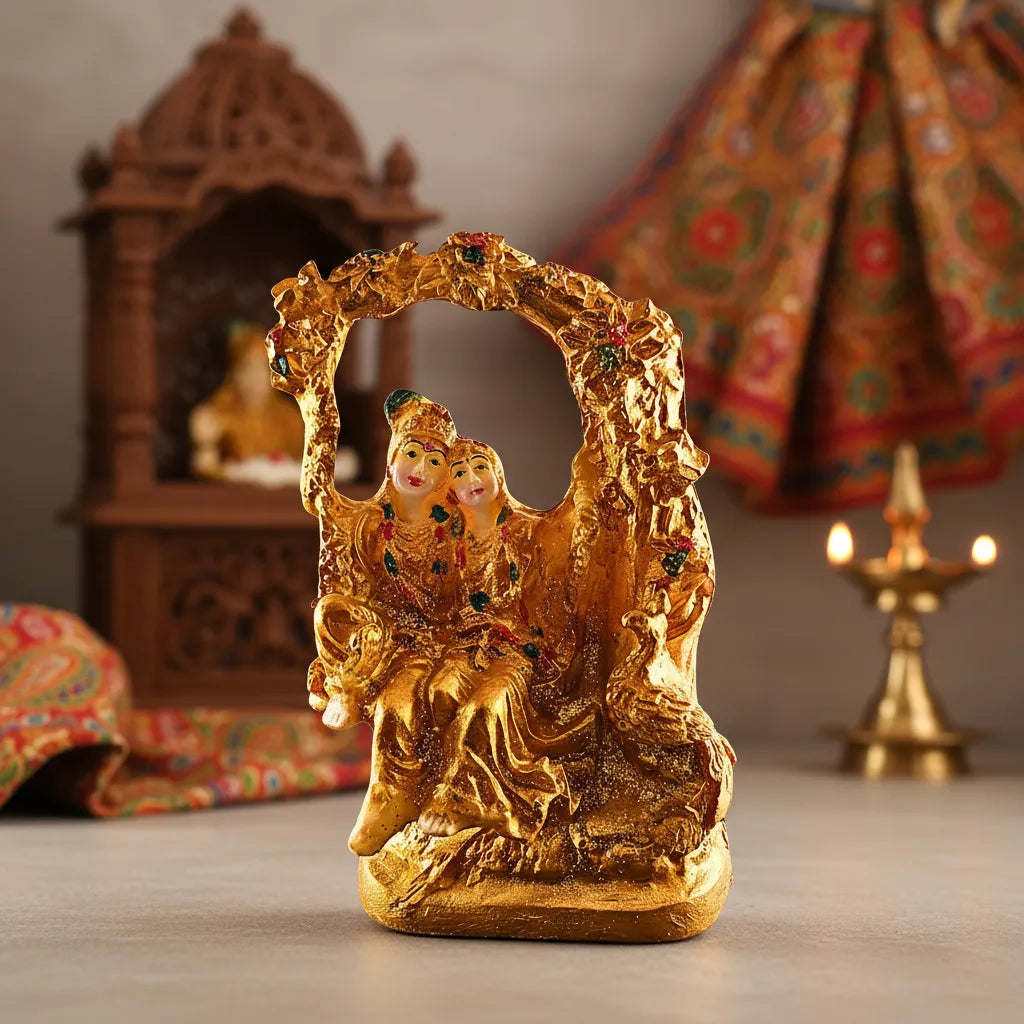Golden Radha Krishna on Jhula Idol – Saadhya Decors