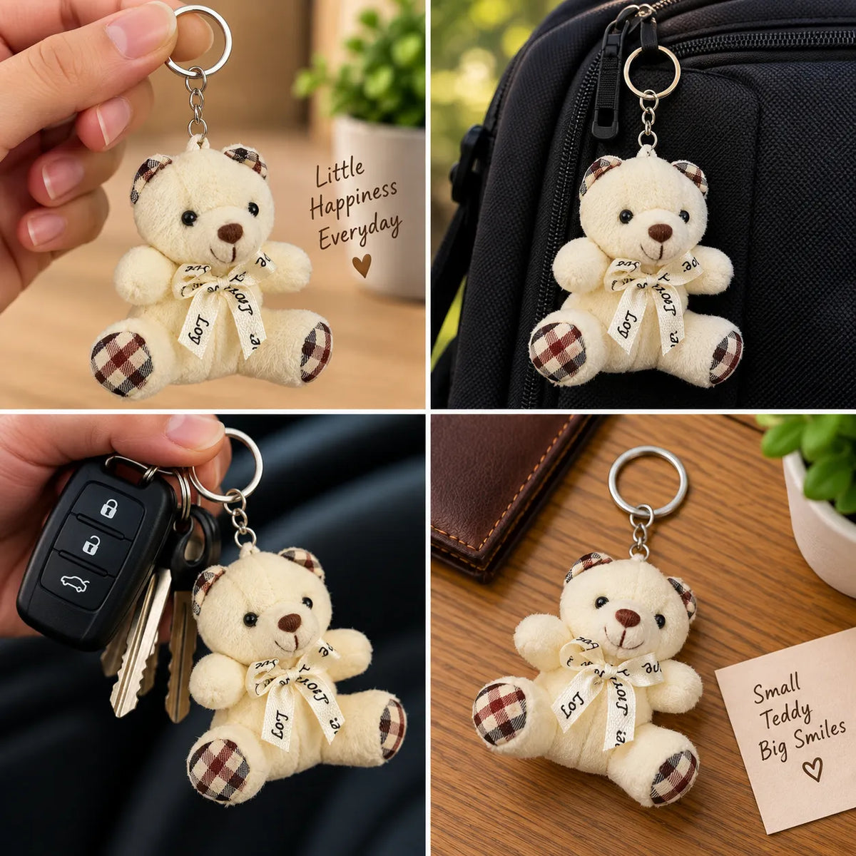 HoneyHug Plaid Teddy Plush Keychain with Love Bow
