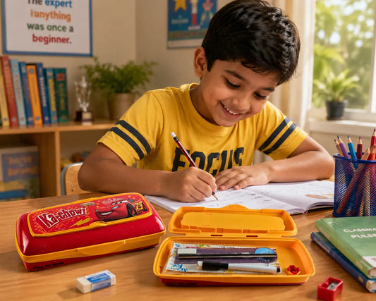 Kids Car Theme Pencil Box with Whiteboard & Stationery Kit | Multi-Purpose Pencil Case for School Boys | Red Racing Car Design