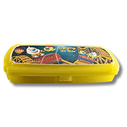 Kids Cartoon Pencil Box with Whiteboard & Marker | Plastic Multipurpose Pencil Case for School Students | Available in Red & Yellow Colors