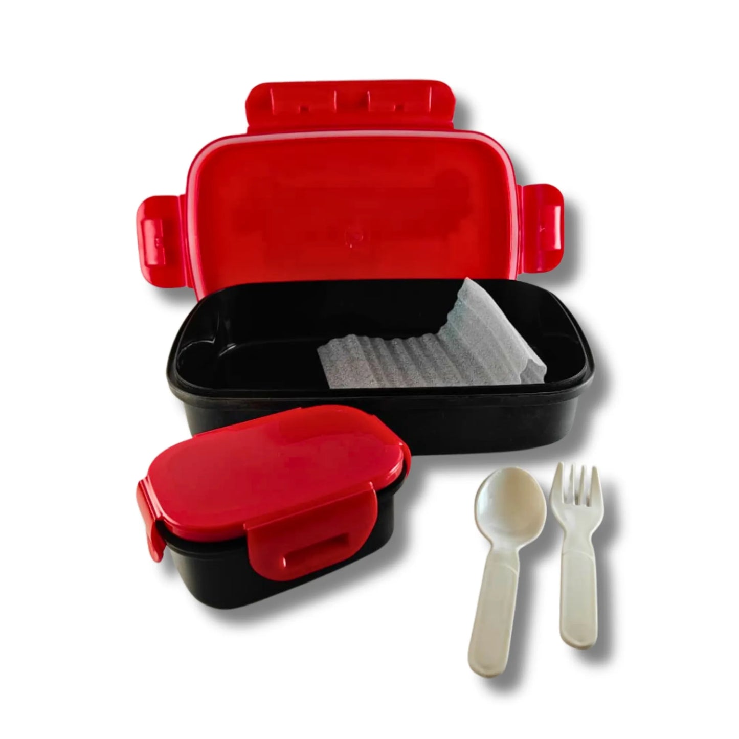 Kids Retro Car Lunch Box with Spoon & Fork | School Tiffin Box for Boys | Leak Resistant Lunch Box with Snack Container | Travel Theme Bento Box | Red & Black