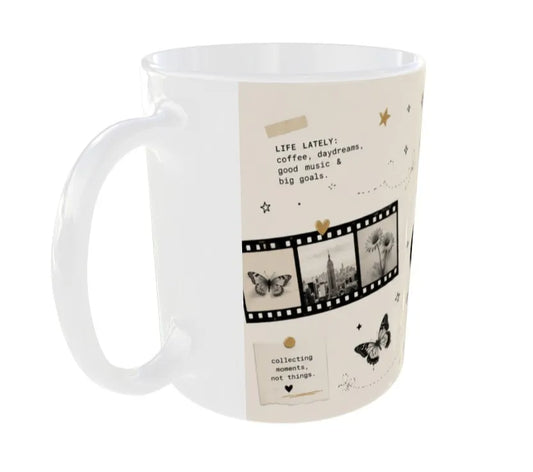 Side view featuring vintage film strip, butterflies, and aesthetic quote elements.