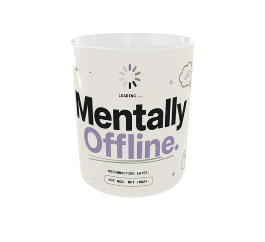 Close-up of minimalist digital detox illustrations on the mug.