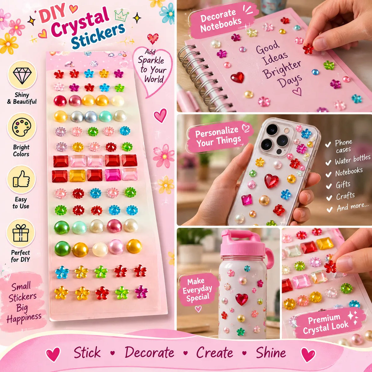 Multicolor Crystal Gem & Flower 3D Stickers for Girls, Kids & DIY Crafts | Saadhya Kraafts