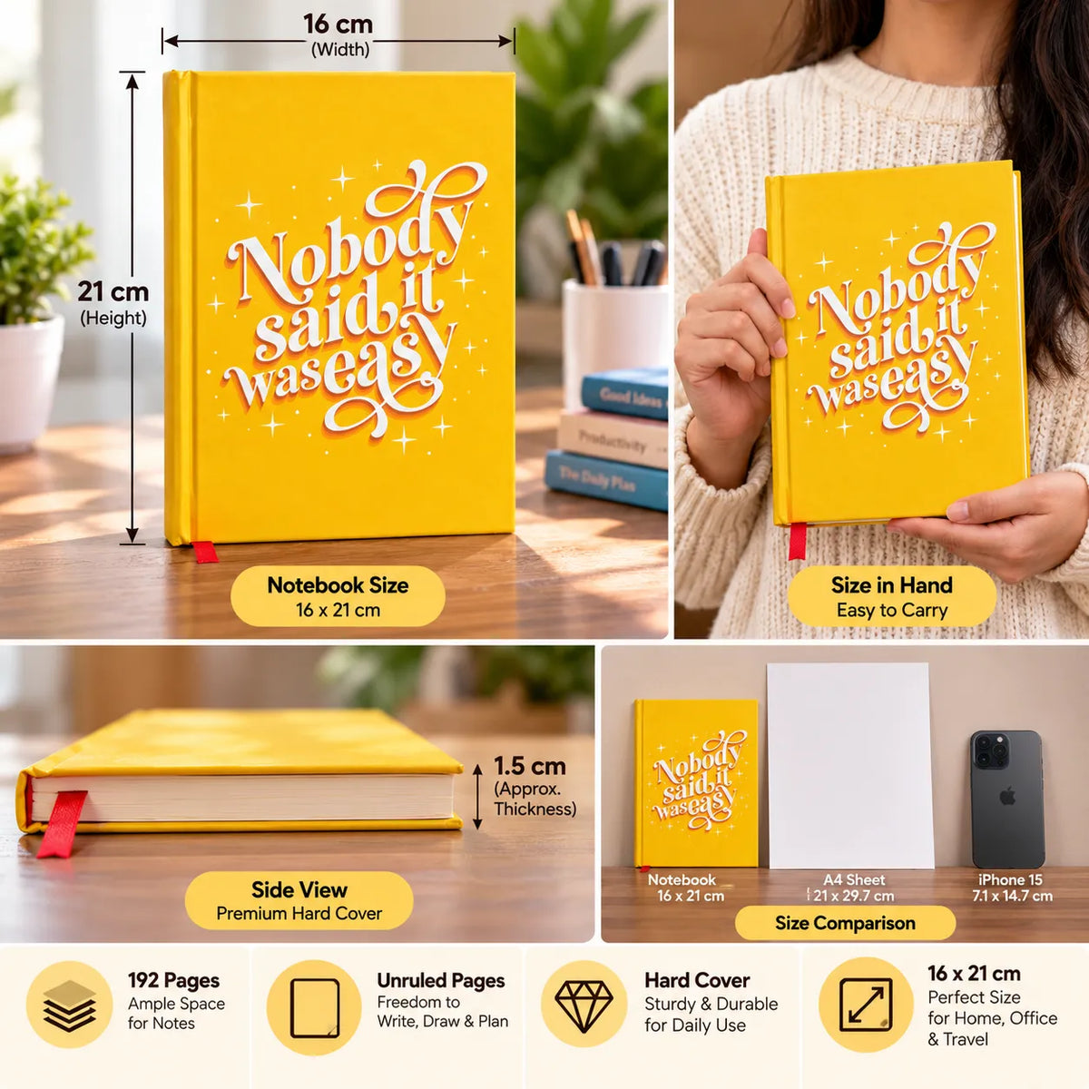Nobody Said It Was Easy – Unruled Hard Cover Diary, 192 Pages, 16 × 21 cm