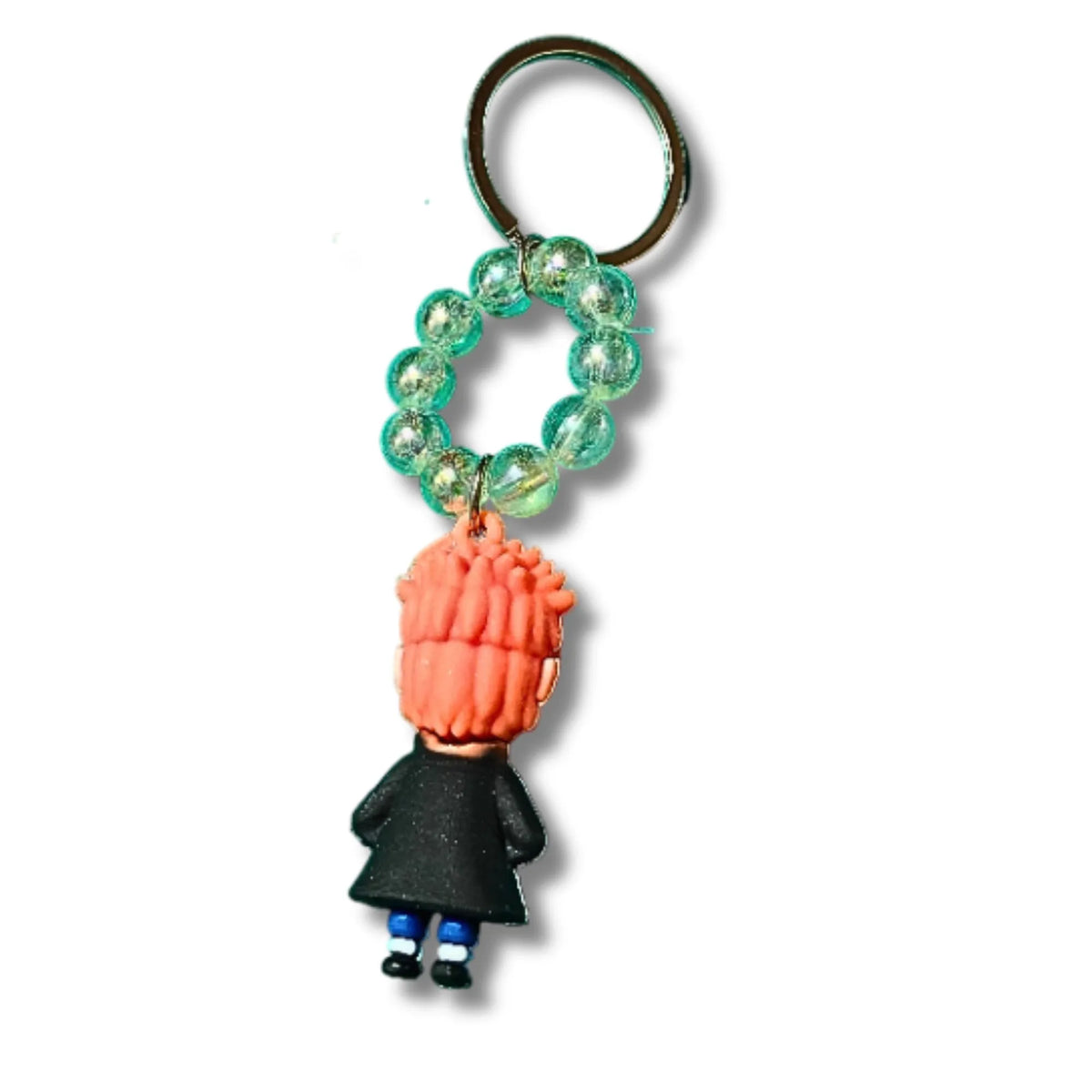 Orange-Haired Anime Ninja Character Keychain with Green Beaded Loop