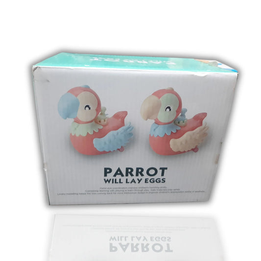 Box of parrot figurines with text 'Parrot will lay eggs' on a white background