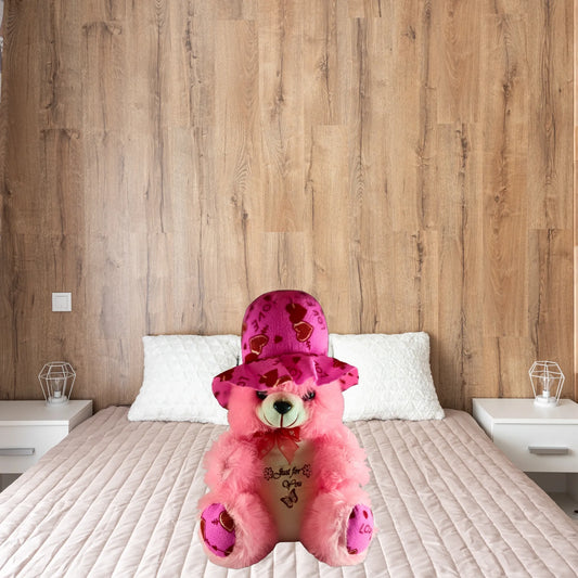 30cm Pink Teddy Bear with Love Print Hat | Soft Plush Teddy Gift for Girls, Kids, Valentine's Day & Special Occasions