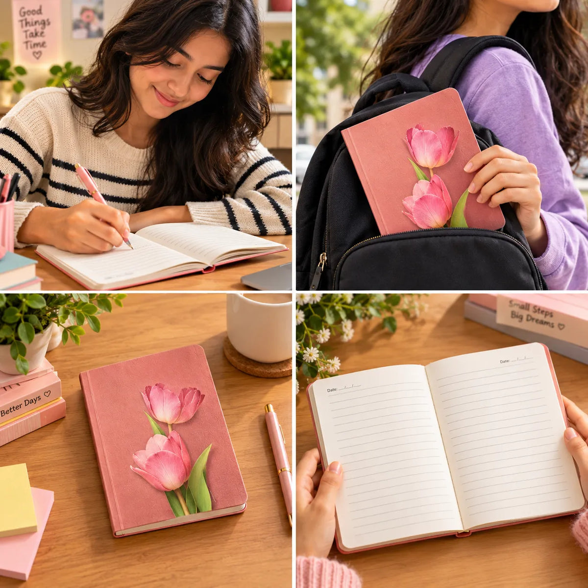 Pink Tulip Floral Notebook – Soft Cover Ruled Diary, 192 Pages, 15 × 10.3 cm