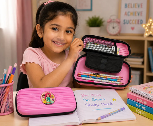 Princess Hard Shell Pencil Box for Girls | EVA Zipper Pencil Case with Mesh Pocket & Elastic Pen Holder | School Stationery Organizer