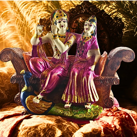 Radha Krishna Idol on Sofa with Peacock – Saadhya Decors
