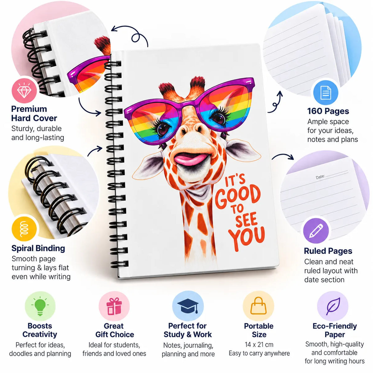 Rainbow Giraffe Spiral Notebook – 14 × 21 cm, 160 Pages, Ruled
